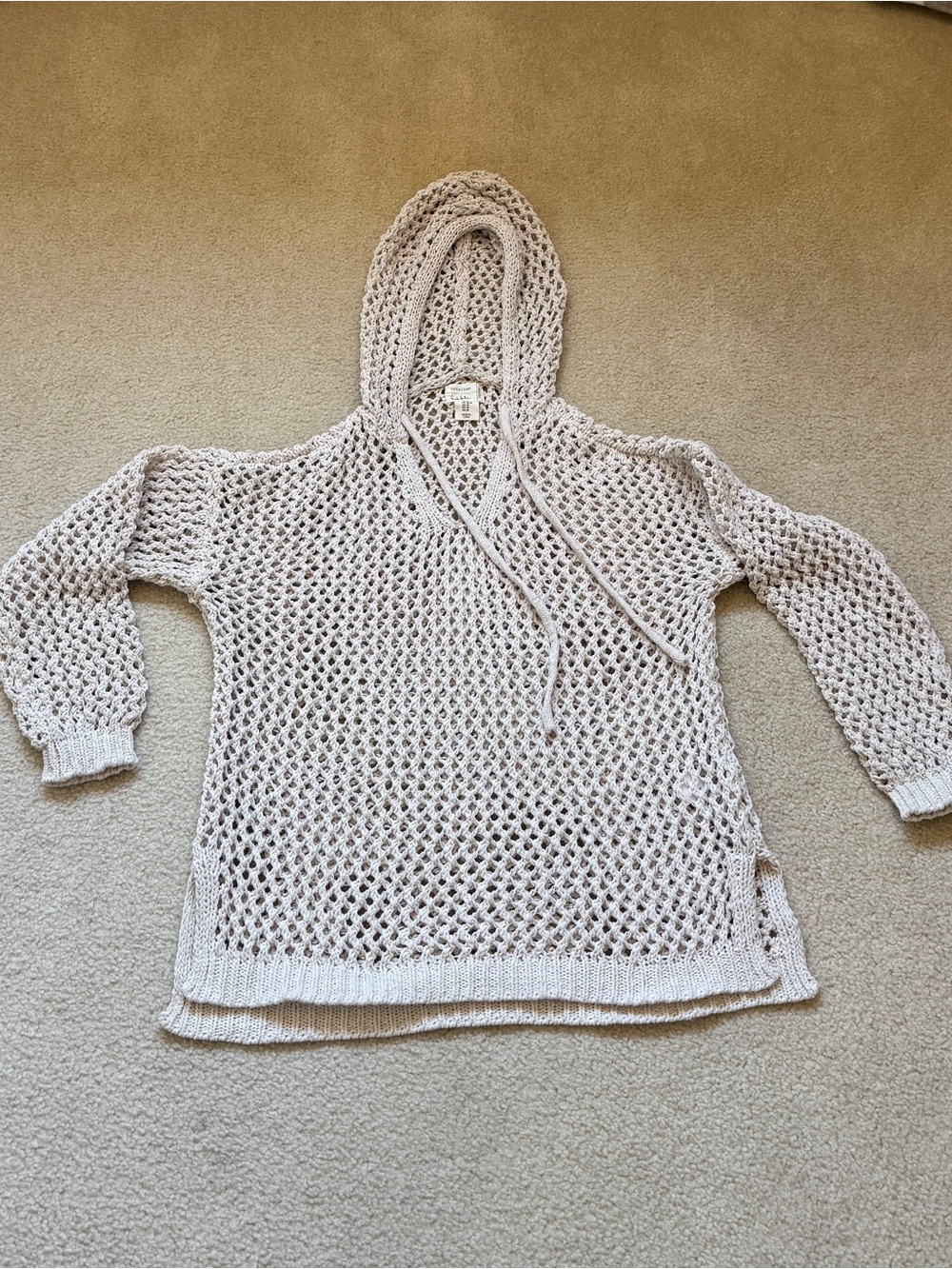 Nicole Miller Open Knit Hooded Pullover in Light Beige